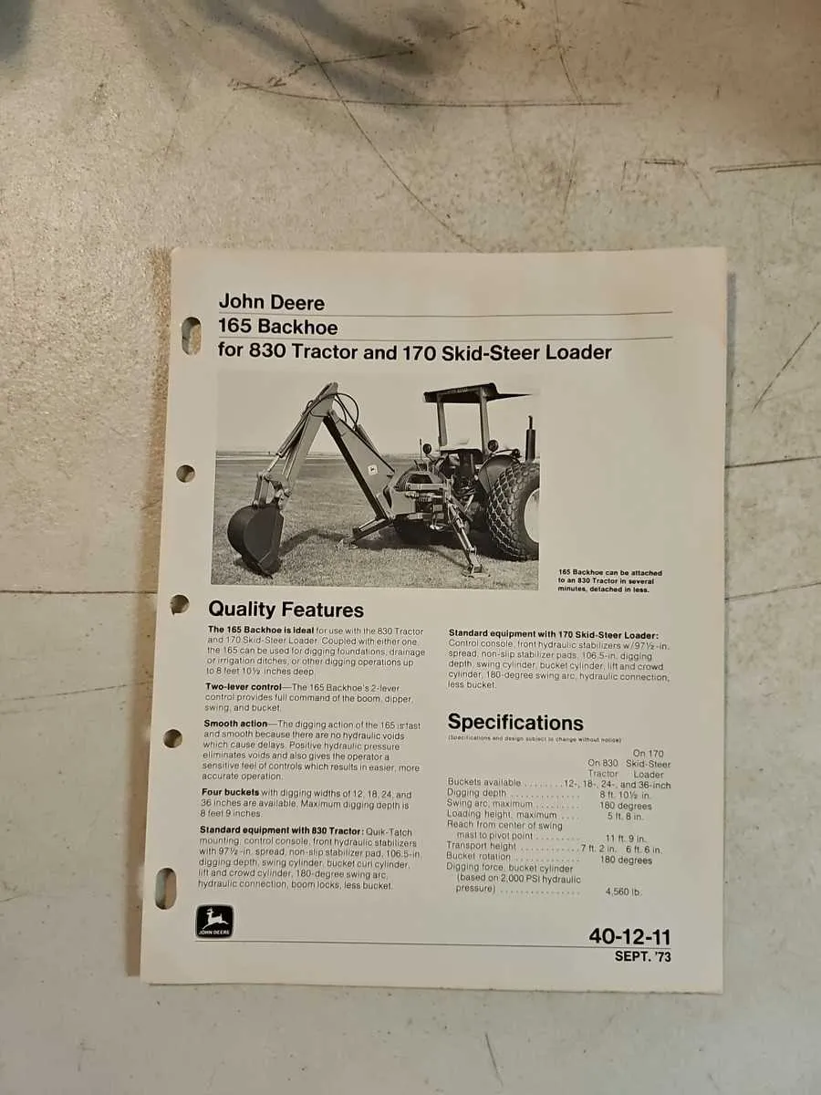 john deere 165 backhoe specs