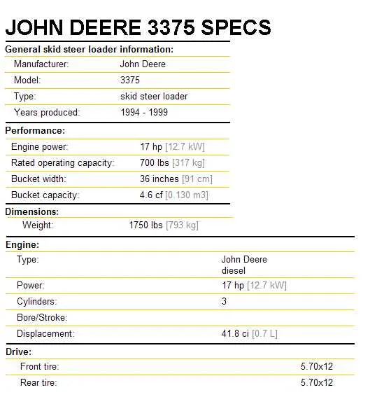 john deere 3375 skid steer specs