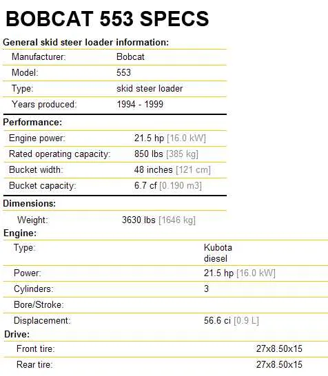 john deere 553 front end loader specs