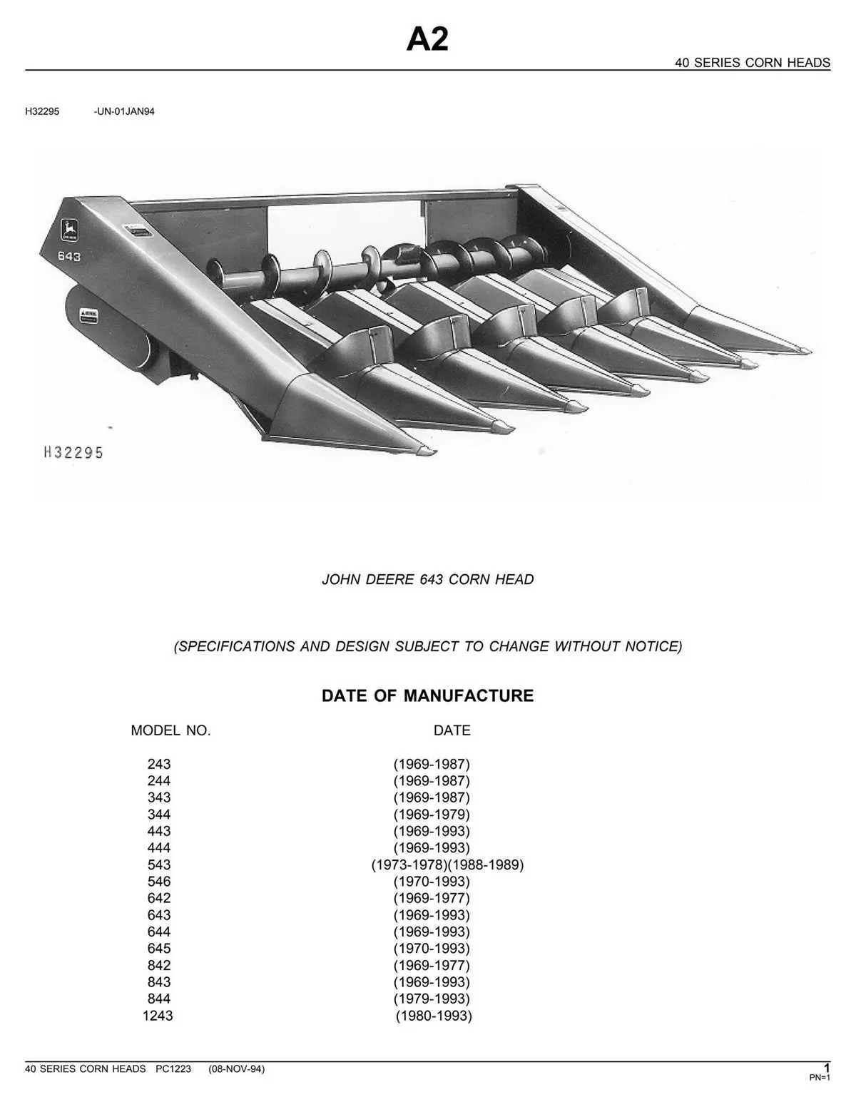 john deere 443 corn head specs