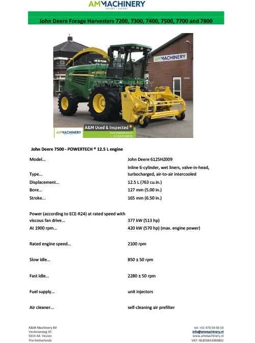 john deere 7800 chopper specs