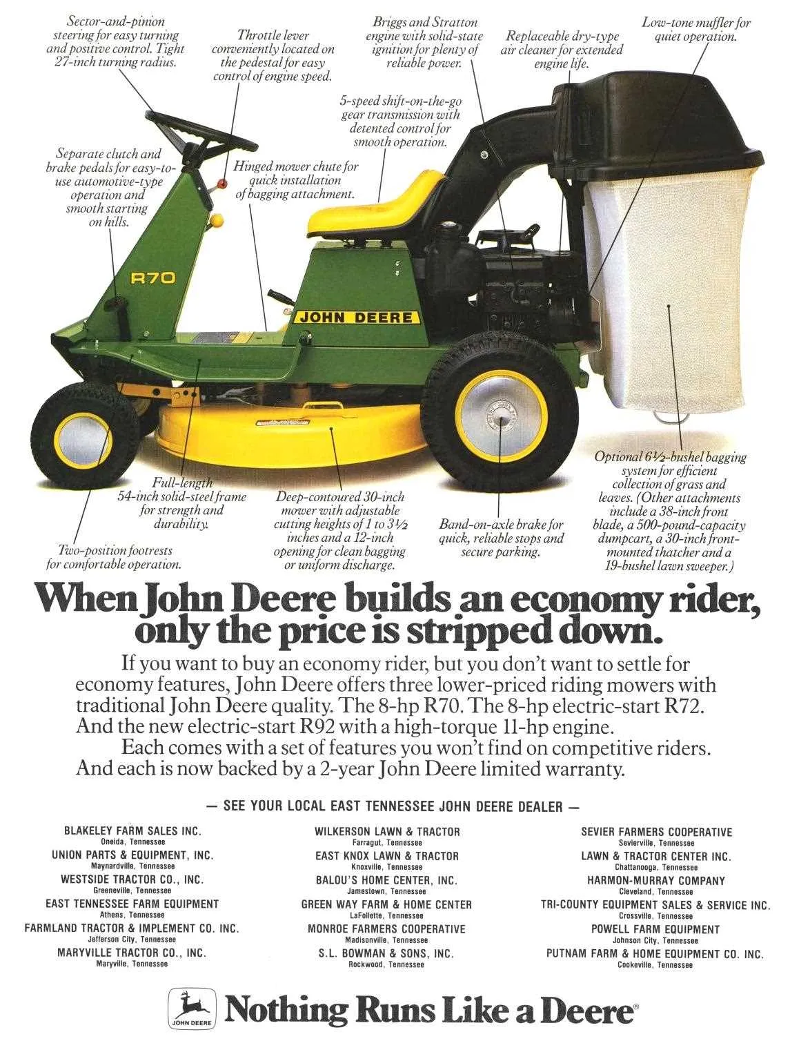 john deere r72 mower specs