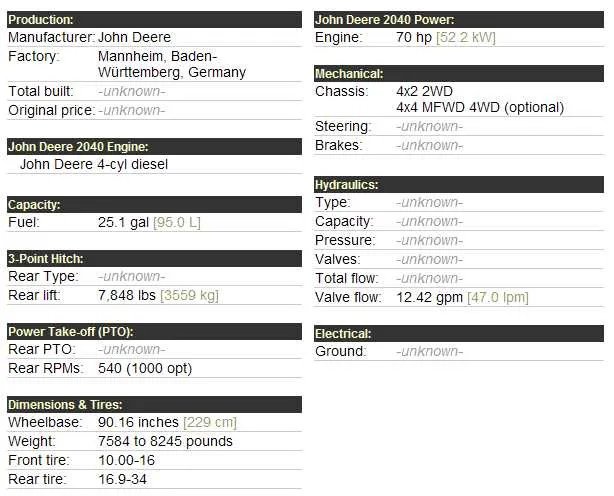 john deere 2540 specs