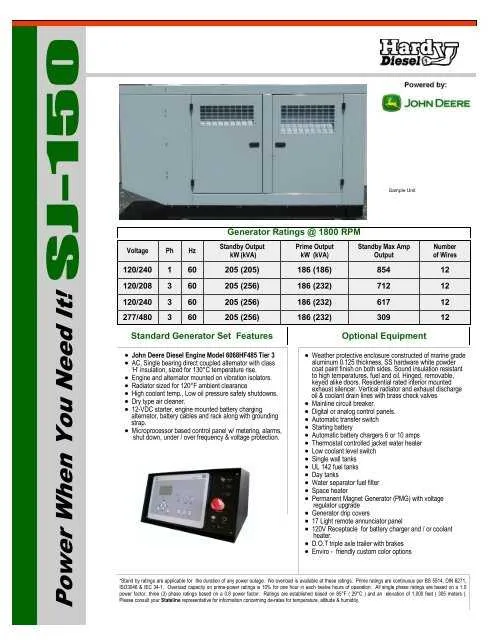 john deere 440g generator specs
