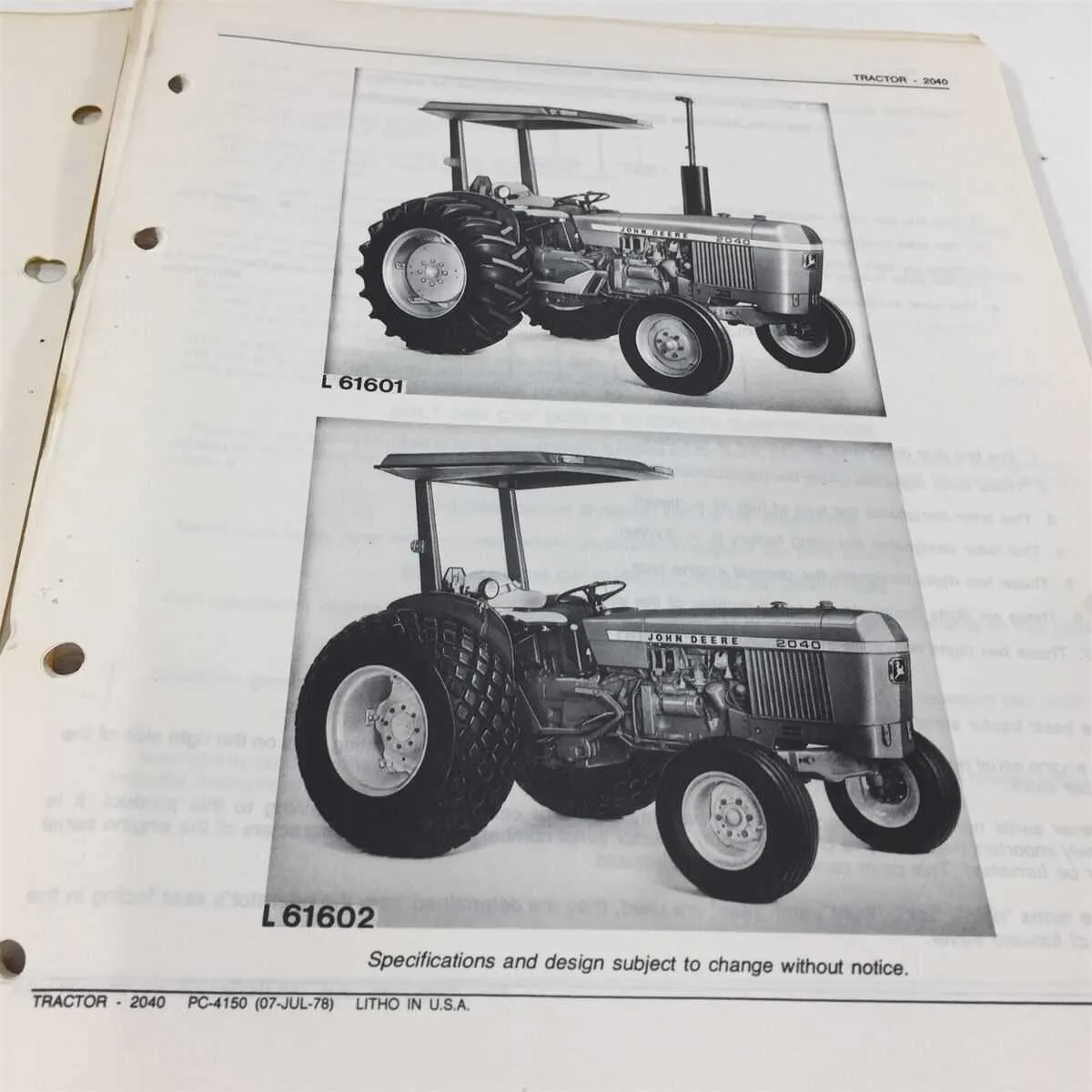 spec on a 2040 john deere tractor