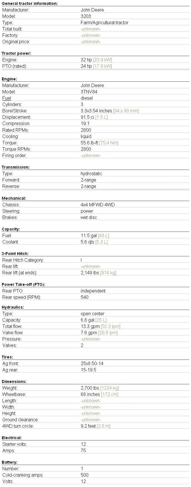 john deere 320 disk specs