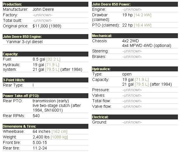 john deere 850j wt specs